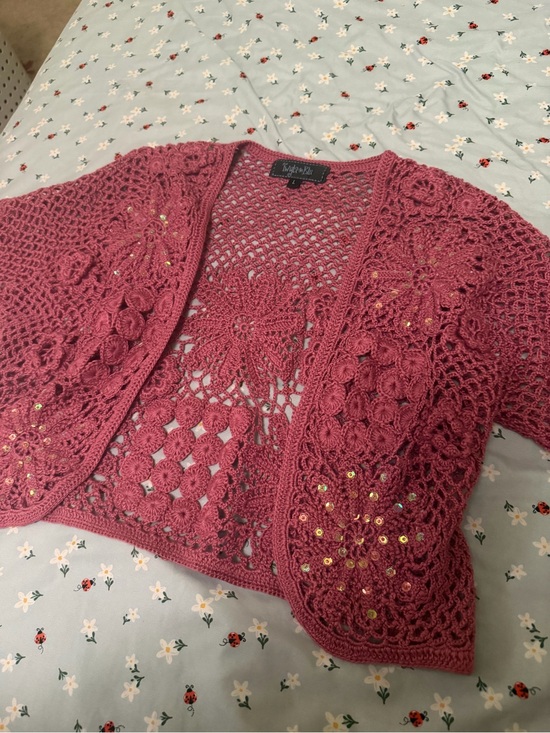 Kensie Sweaters - Dusty Rose Crochet Openwork Cardigan with Sequins